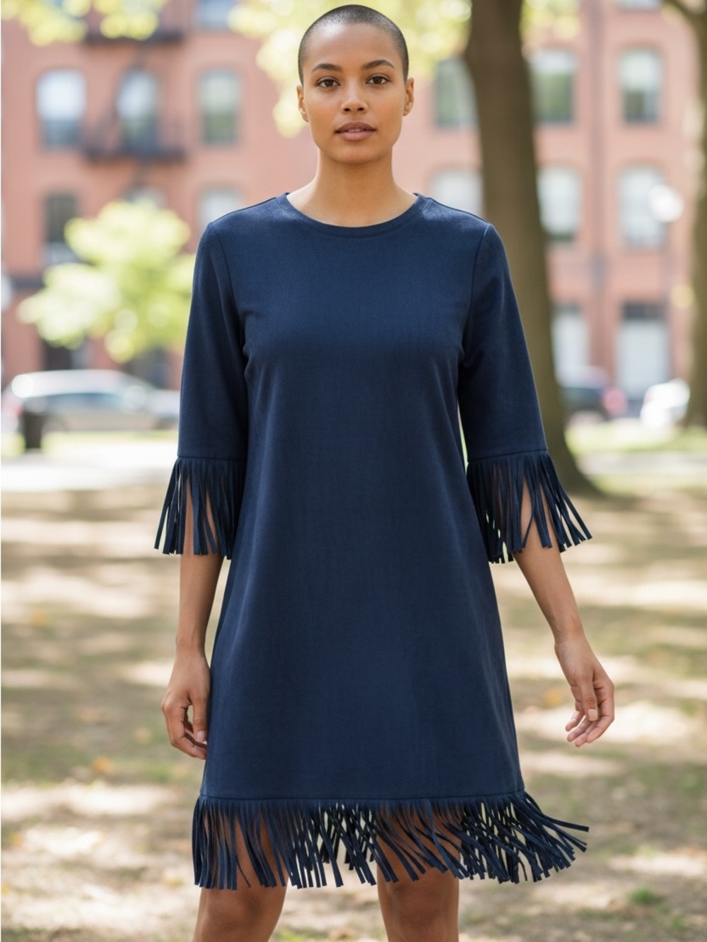 Aryeh Faux Suede Fringe Shift Dress Navy Blue Size Medium NWOT